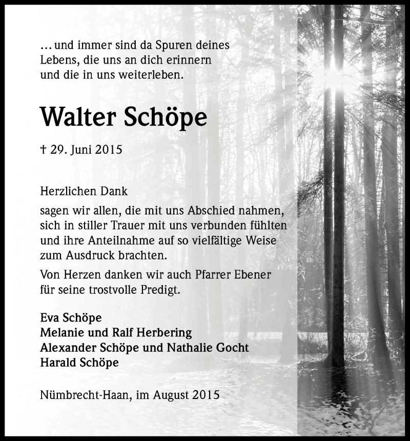  Traueranzeige für Walter Schöpe vom 15.08.2015 aus Kölner Stadt-Anzeiger / Kölnische Rundschau / Express