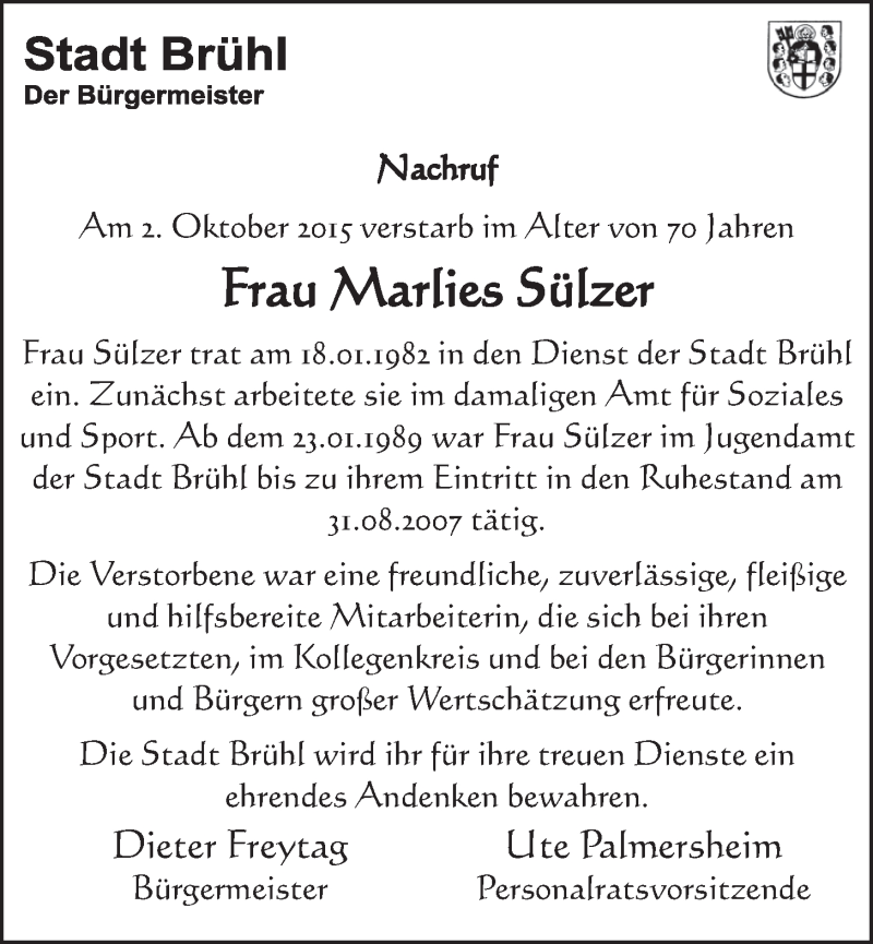 Traueranzeige für Marlies Sülzer vom 21.10.2015 aus  Schlossbote/Werbekurier 