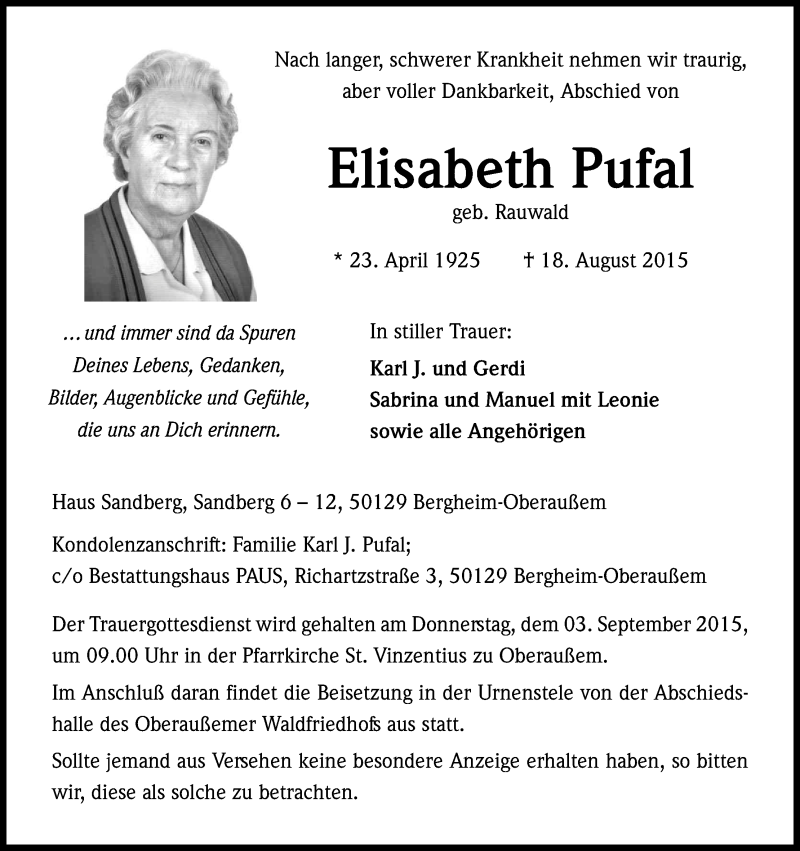  Traueranzeige für Elisabeth Pufal vom 27.08.2015 aus Kölner Stadt-Anzeiger / Kölnische Rundschau / Express