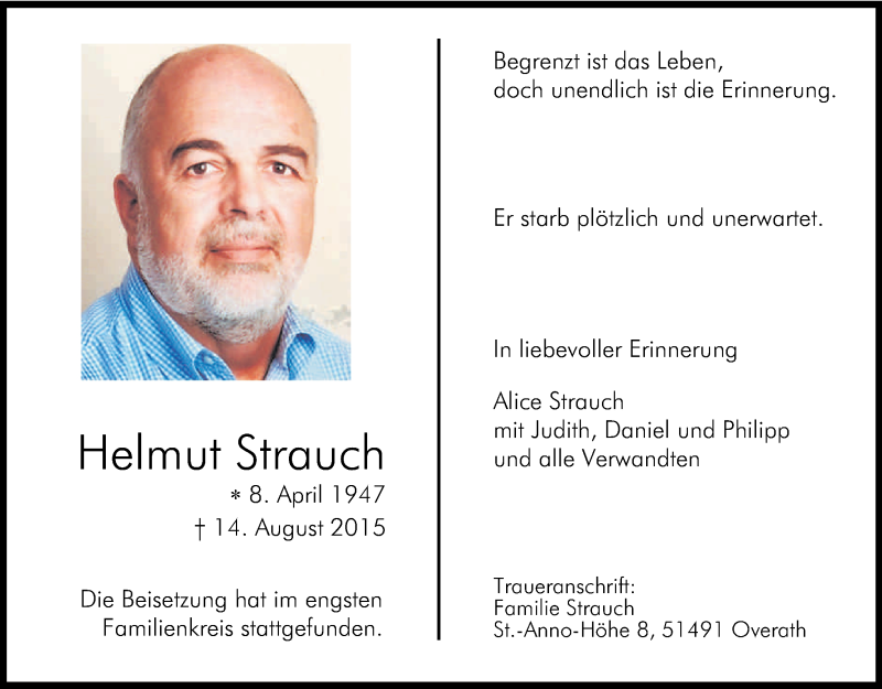  Traueranzeige für Helmut Strauch vom 29.08.2015 aus Kölner Stadt-Anzeiger / Kölnische Rundschau / Express