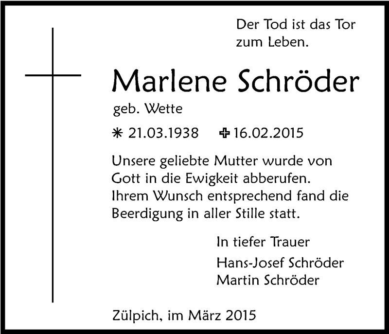  Traueranzeige für Marlene Schröder vom 03.03.2015 aus Kölner Stadt-Anzeiger / Kölnische Rundschau / Express