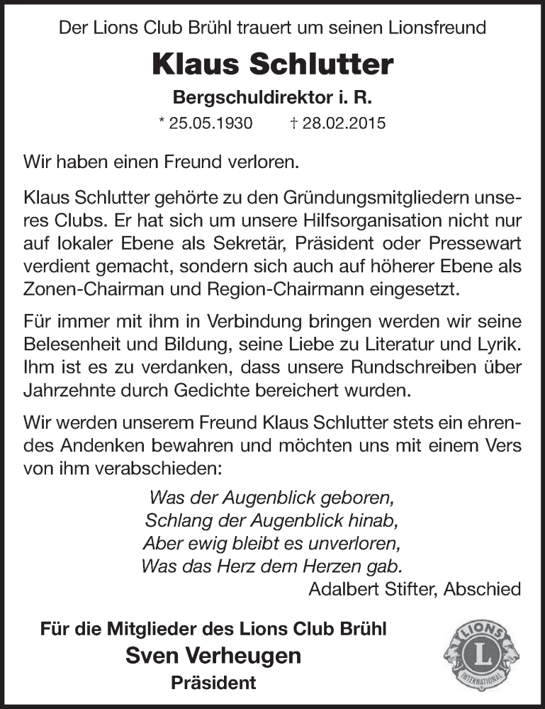  Traueranzeige für Klaus Schlutter vom 11.03.2015 aus  Schlossbote/Werbekurier 