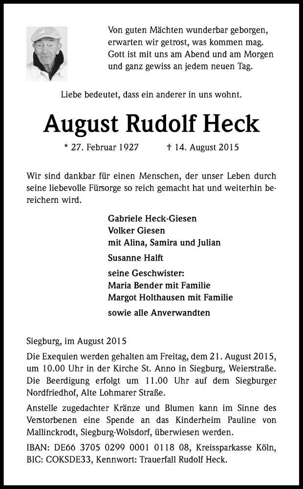  Traueranzeige für August Rudolf Heck vom 19.08.2015 aus Kölner Stadt-Anzeiger / Kölnische Rundschau / Express