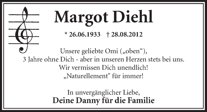  Traueranzeige für Margot Diehl vom 29.08.2015 aus  Sonntags-Post 