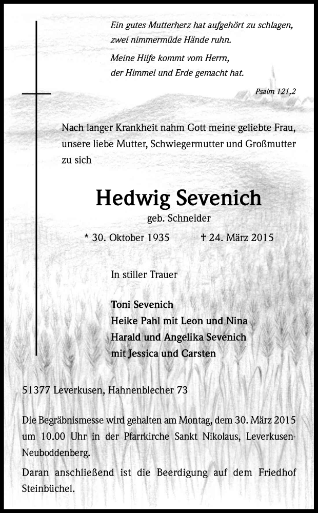  Traueranzeige für Hedwig Sevenich vom 27.03.2015 aus Kölner Stadt-Anzeiger / Kölnische Rundschau / Express