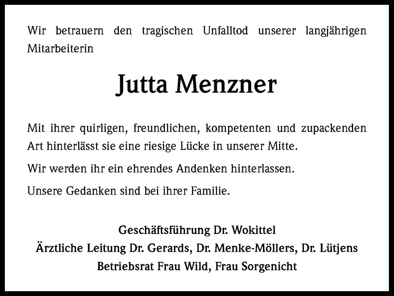  Traueranzeige für Jutta Menzner vom 14.11.2015 aus Köln - Wir Trauern