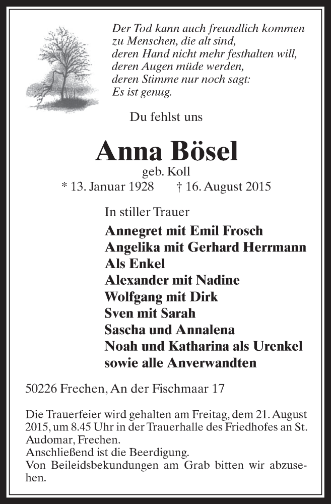  Traueranzeige für Anna Bösel vom 19.08.2015 aus  Wochenende 