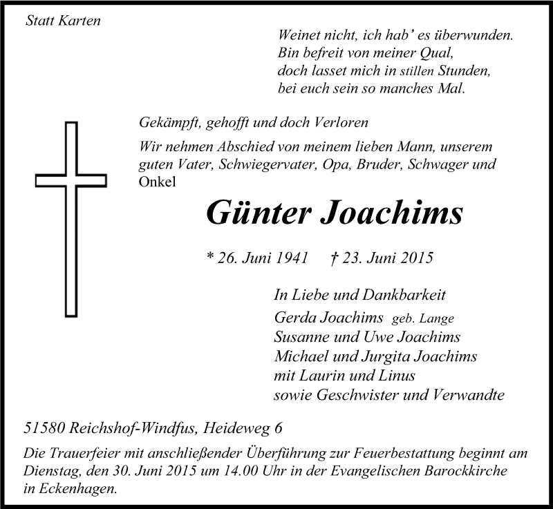 Traueranzeige für Günter Joachims vom 26.06.2015 aus Kölner Stadt-Anzeiger / Kölnische Rundschau / Express