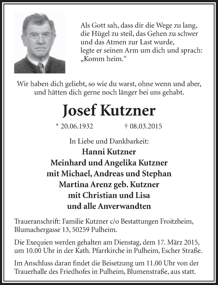  Traueranzeige für Josef Kutzner vom 14.03.2015 aus  Sonntags-Post 