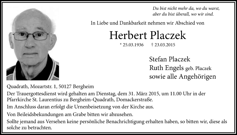  Traueranzeige für Herbert Placzek vom 28.03.2015 aus Kölner Stadt-Anzeiger / Kölnische Rundschau / Express