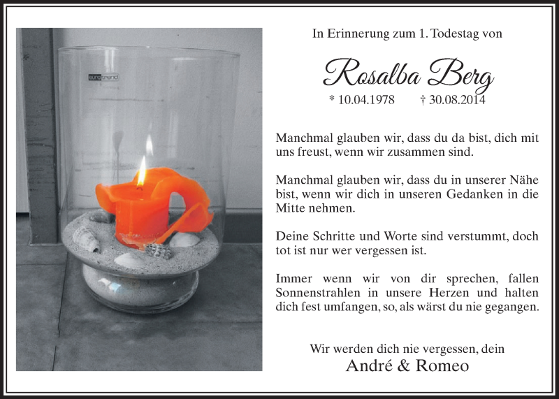  Traueranzeige für Rosalba Berg vom 29.08.2015 aus  Sonntags-Post 