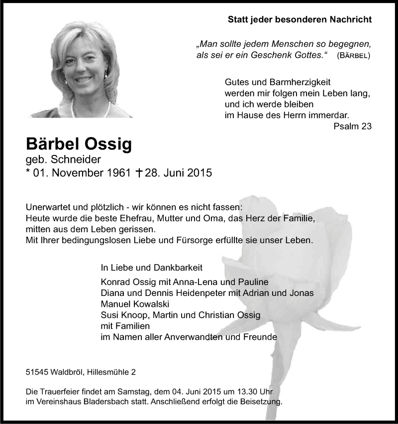 Traueranzeige für Bärbel Ossig vom 30.06.2015 aus Kölner Stadt-Anzeiger / Kölnische Rundschau / Express