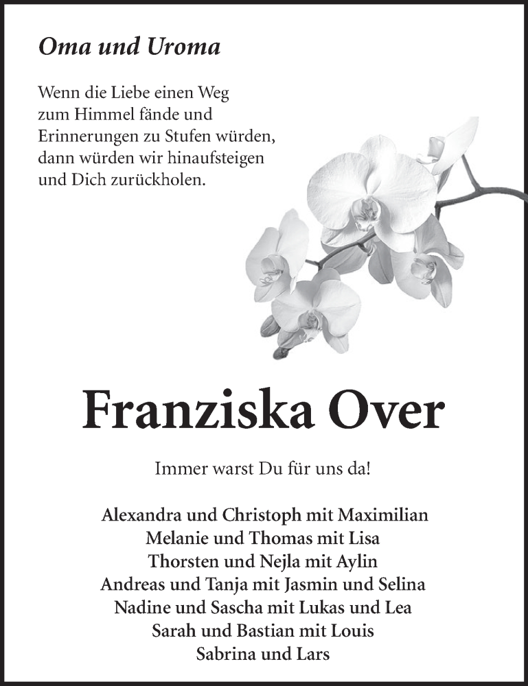  Traueranzeige für Franziska Over vom 11.02.2015 aus  Schlossbote/Werbekurier 