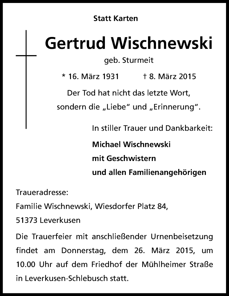  Traueranzeige für Gertrud Wischnewski vom 20.03.2015 aus Kölner Stadt-Anzeiger / Kölnische Rundschau / Express