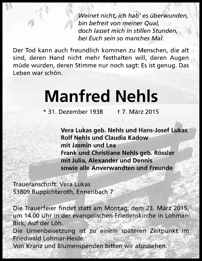  Traueranzeige für Manfred Nehls vom 14.03.2015 aus Kölner Stadt-Anzeiger / Kölnische Rundschau / Express