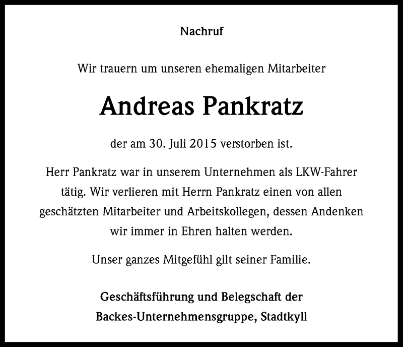  Traueranzeige für Andreas Pankratz vom 03.08.2015 aus Kölner Stadt-Anzeiger / Kölnische Rundschau / Express