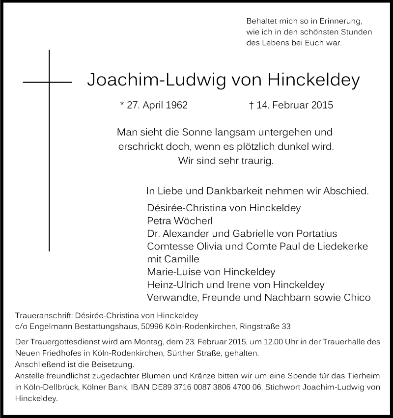  Traueranzeige für Joachim-Ludwig von Hinckeldey vom 20.02.2015 aus Kölner Stadt-Anzeiger / Kölnische Rundschau / Express