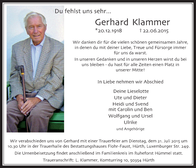  Traueranzeige für Gerhard Klammer vom 01.07.2015 aus  Wochenende 