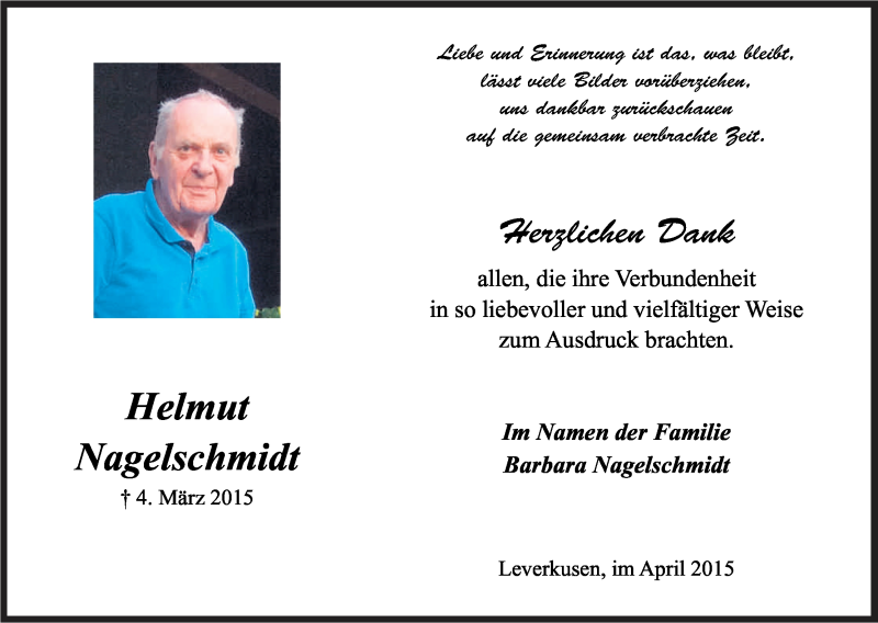  Traueranzeige für Helmut Nagelschmidt vom 04.04.2015 aus Kölner Stadt-Anzeiger / Kölnische Rundschau / Express