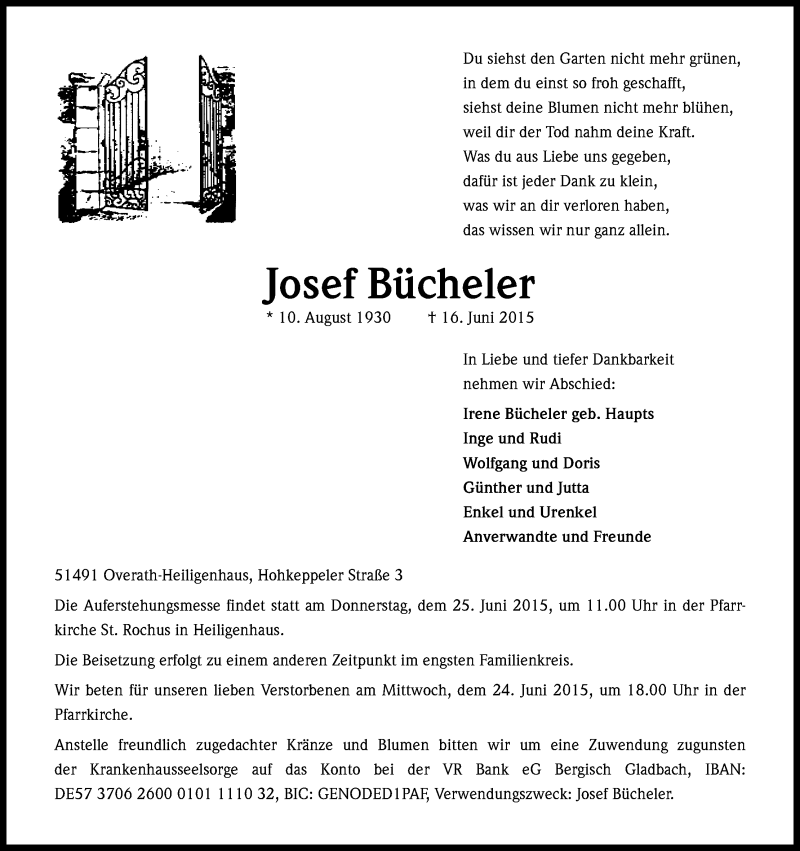  Traueranzeige für Josef Bücheler vom 20.06.2015 aus Kölner Stadt-Anzeiger / Kölnische Rundschau / Express