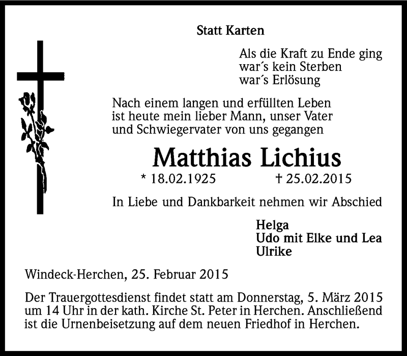  Traueranzeige für Matthias Lichius vom 03.03.2015 aus Kölner Stadt-Anzeiger / Kölnische Rundschau / Express