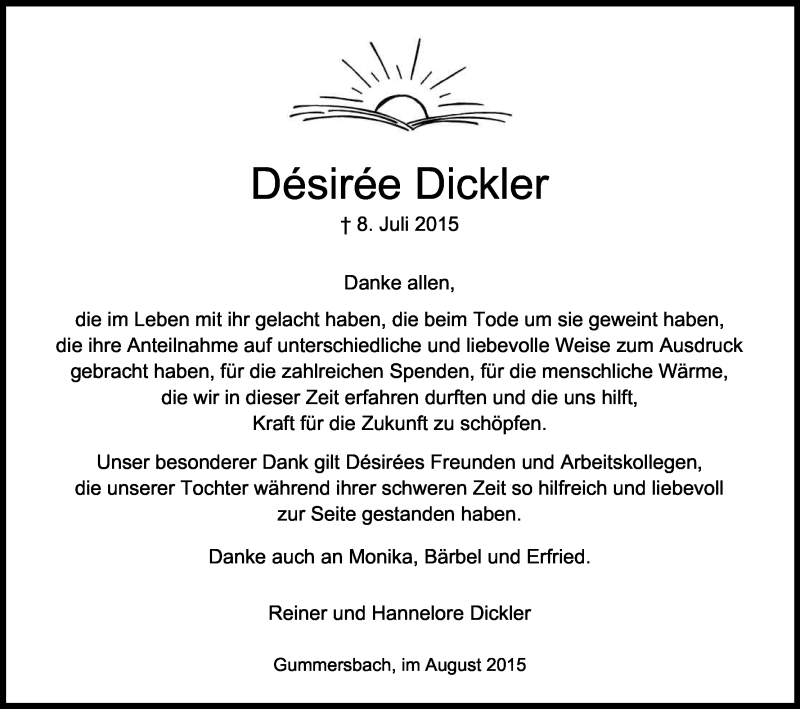  Traueranzeige für Désirée Dickler vom 08.08.2015 aus Kölner Stadt-Anzeiger / Kölnische Rundschau / Express