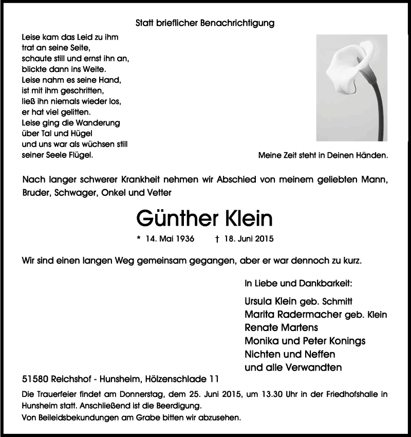  Traueranzeige für Günther Klein vom 22.06.2015 aus Kölner Stadt-Anzeiger / Kölnische Rundschau / Express