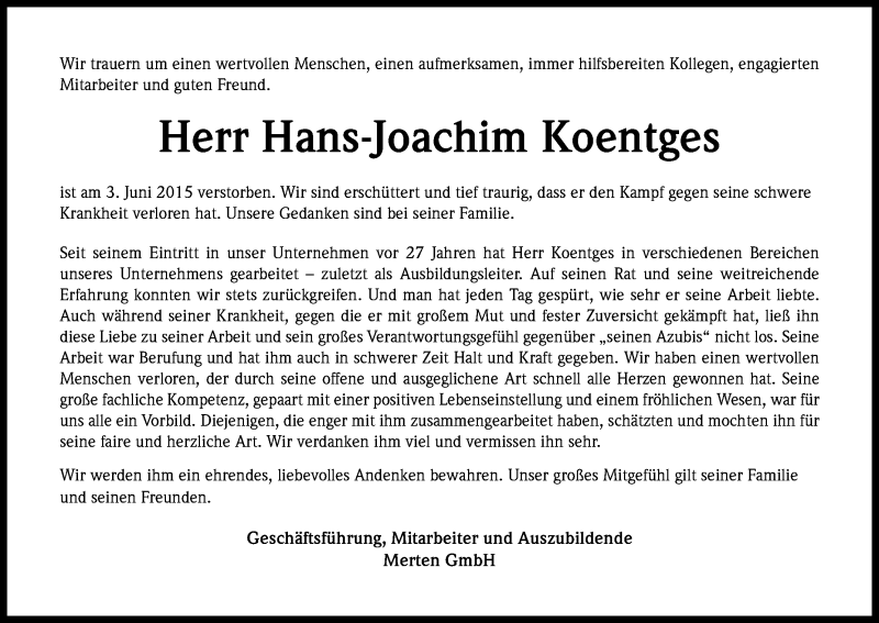  Traueranzeige für Hans-Joachim Koentges vom 20.06.2015 aus Kölner Stadt-Anzeiger / Kölnische Rundschau / Express