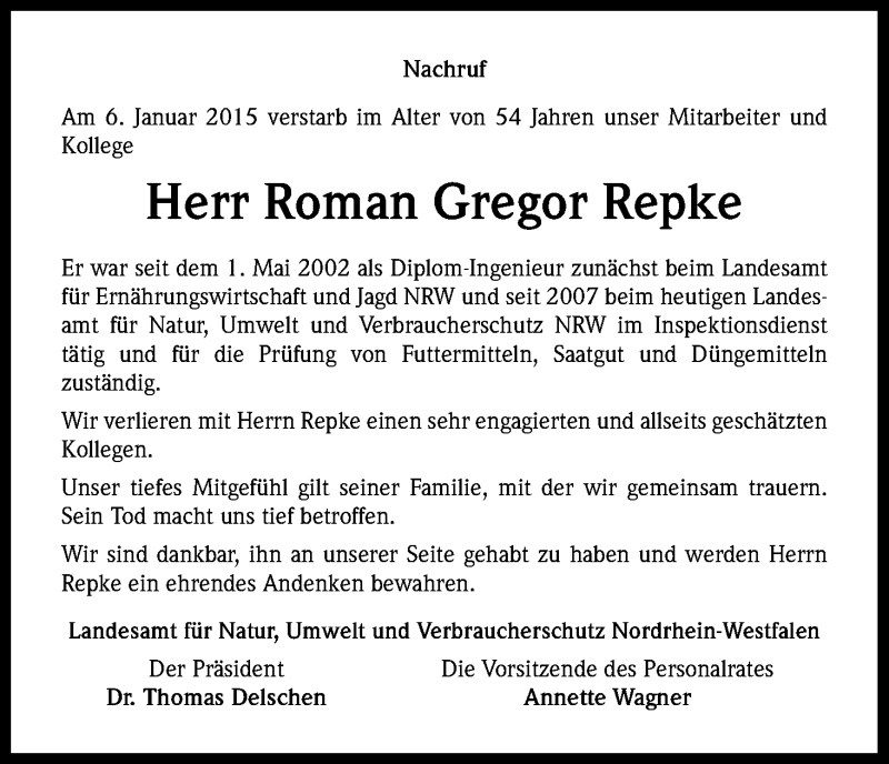  Traueranzeige für Roman Gregor Repke vom 16.01.2015 aus Kölner Stadt-Anzeiger / Kölnische Rundschau / Express