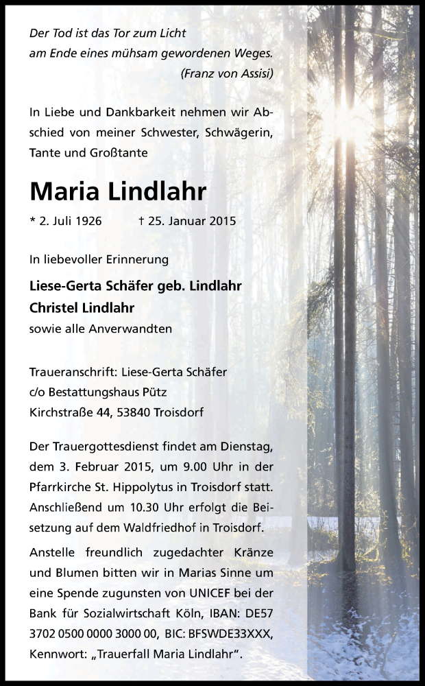  Traueranzeige für Maria Lindlahr vom 28.01.2015 aus Kölner Stadt-Anzeiger / Kölnische Rundschau / Express