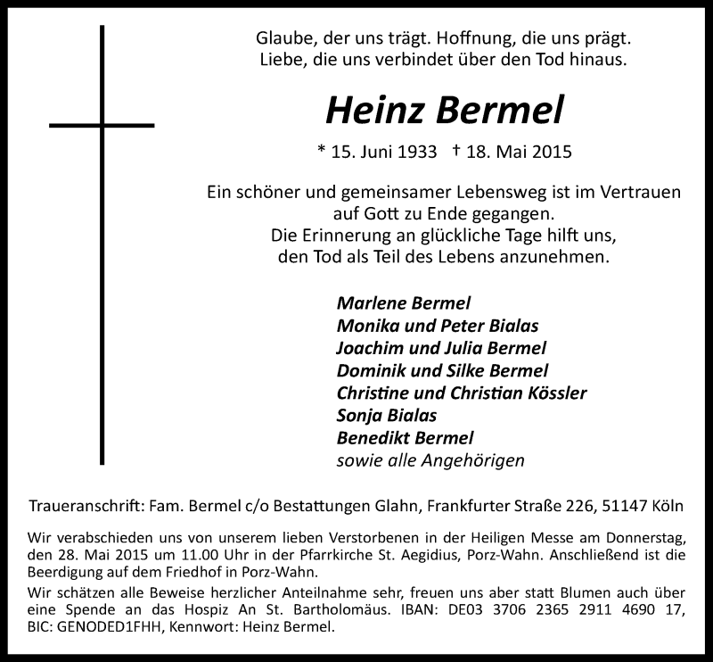  Traueranzeige für Heinz Bermel vom 27.05.2015 aus  Kölner Wochenspiegel 