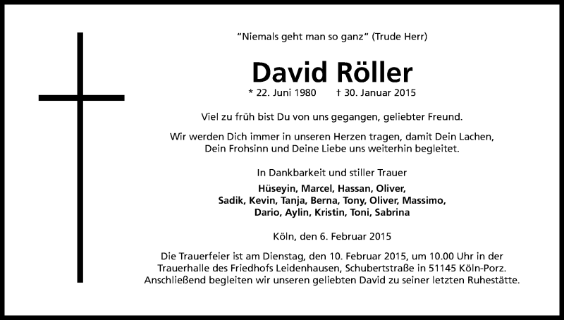  Traueranzeige für David Röller vom 06.02.2015 aus Kölner Stadt-Anzeiger / Kölnische Rundschau / Express