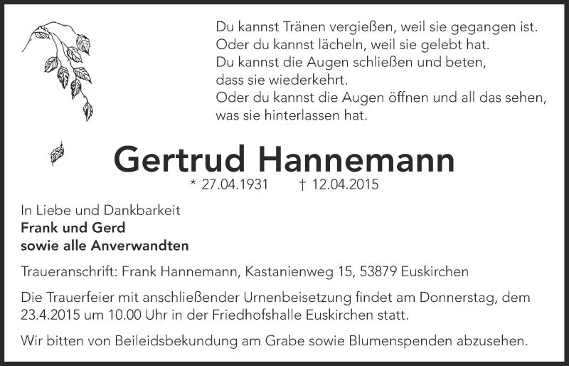  Traueranzeige für Gertrud Hannemann vom 19.04.2015 aus  Blickpunkt Euskirchen 