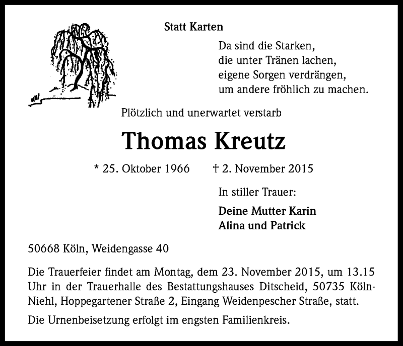  Traueranzeige für Thomas Kreutz vom 20.11.2015 aus Kölner Stadt-Anzeiger / Kölnische Rundschau / Express