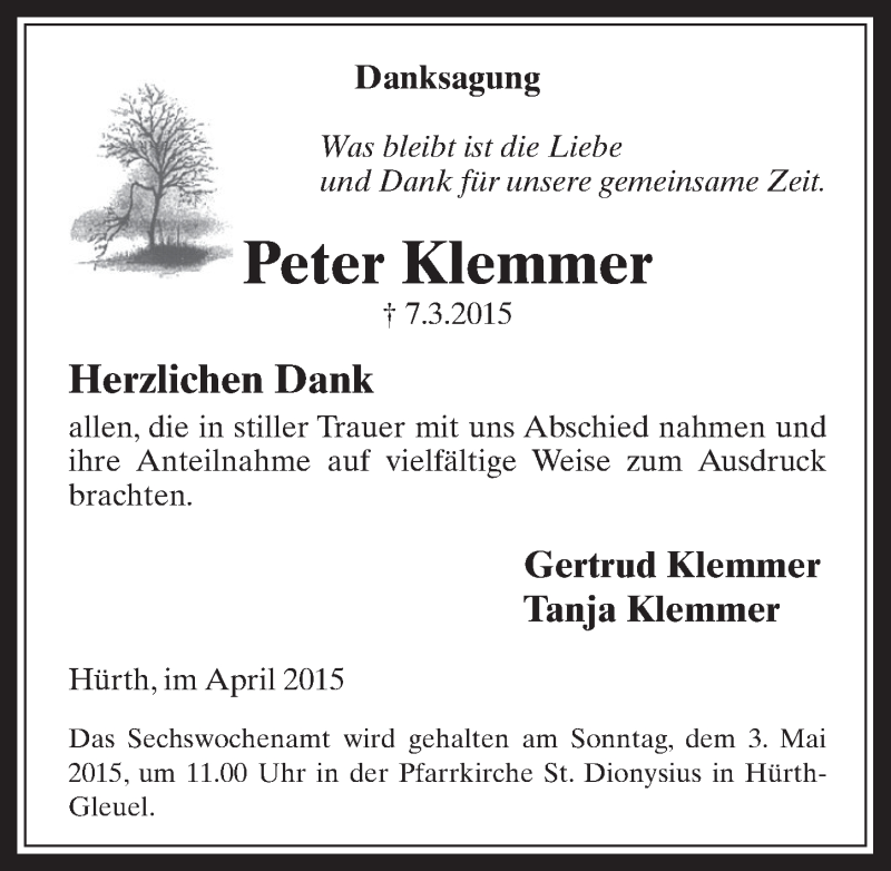  Traueranzeige für Peter Klemmer vom 25.04.2015 aus  Sonntags-Post 
