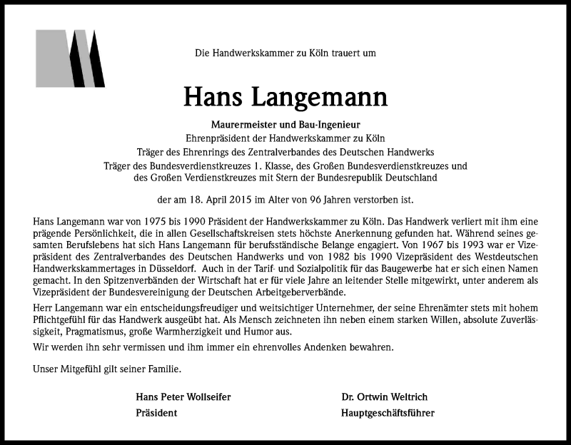  Traueranzeige für Hans Langemann vom 22.04.2015 aus Kölner Stadt-Anzeiger / Kölnische Rundschau / Express