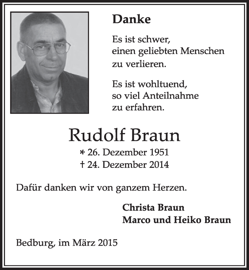  Traueranzeige für Rudolf Braun vom 21.03.2015 aus  Sonntags-Post 
