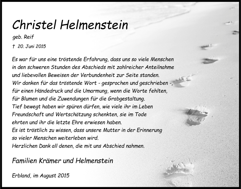  Traueranzeige für Christel Helmenstein vom 19.08.2015 aus  Anzeigen Echo 