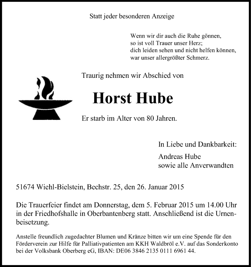  Traueranzeige für Horst Hube vom 29.01.2015 aus Kölner Stadt-Anzeiger / Kölnische Rundschau / Express