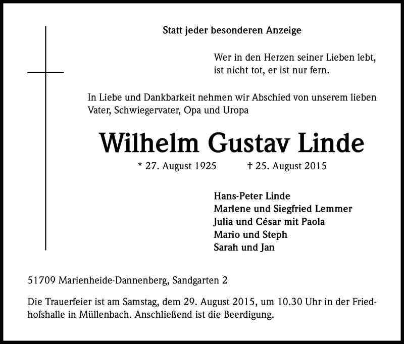 Traueranzeige für Wilhelm Gustav Linde vom 27.08.2015 aus Kölner Stadt-Anzeiger / Kölnische Rundschau / Express