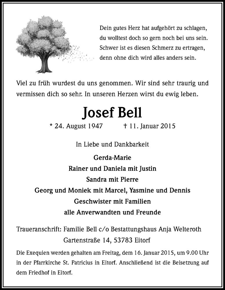  Traueranzeige für Josef Bell vom 14.01.2015 aus Kölner Stadt-Anzeiger / Kölnische Rundschau / Express