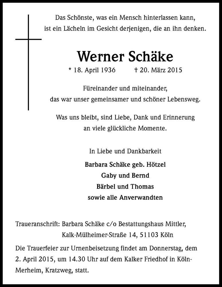  Traueranzeige für Werner Schäke vom 27.03.2015 aus Kölner Stadt-Anzeiger / Kölnische Rundschau / Express