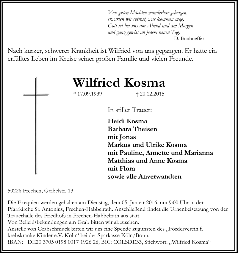  Traueranzeige für Wilfried Kosma vom 23.12.2015 aus Kölner Stadt-Anzeiger / Kölnische Rundschau / Express