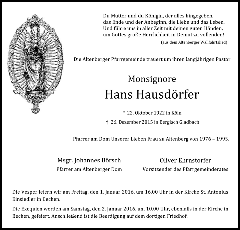  Traueranzeige für Hans Hausdörfer vom 30.12.2015 aus Kölner Stadt-Anzeiger / Kölnische Rundschau / Express