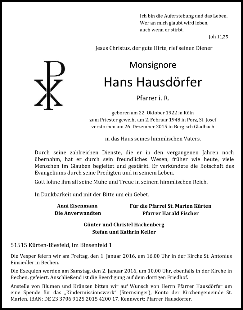  Traueranzeige für Hans Hausdörfer vom 30.12.2015 aus Kölner Stadt-Anzeiger / Kölnische Rundschau / Express