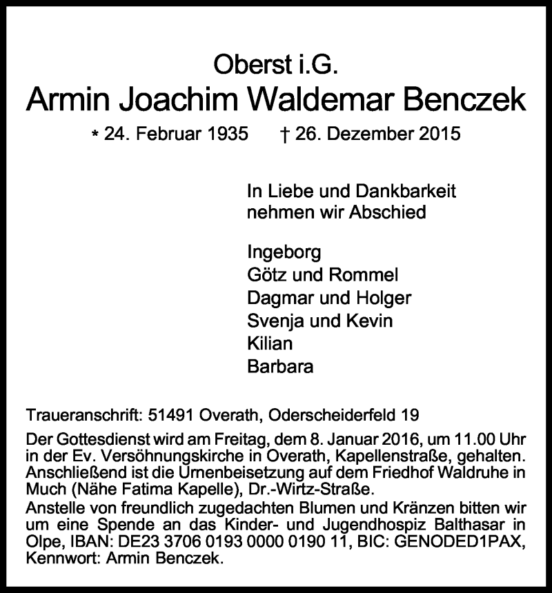  Traueranzeige für Armin Joachim Waldemar Benczek vom 31.12.2015 aus Kölner Stadt-Anzeiger / Kölnische Rundschau / Express