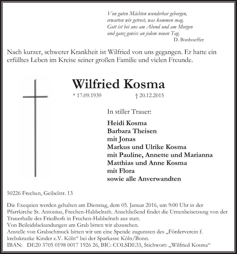  Traueranzeige für Wilfried Kosma vom 30.12.2015 aus  Wochenende 