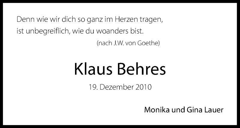  Traueranzeige für Klaus Behres vom 19.12.2015 aus Kölner Stadt-Anzeiger / Kölnische Rundschau / Express