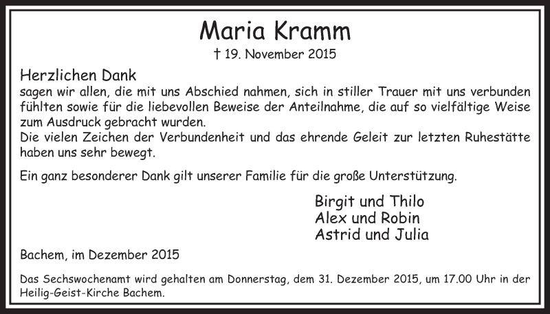  Traueranzeige für Maria Kramm vom 19.12.2015 aus  Sonntags-Post 