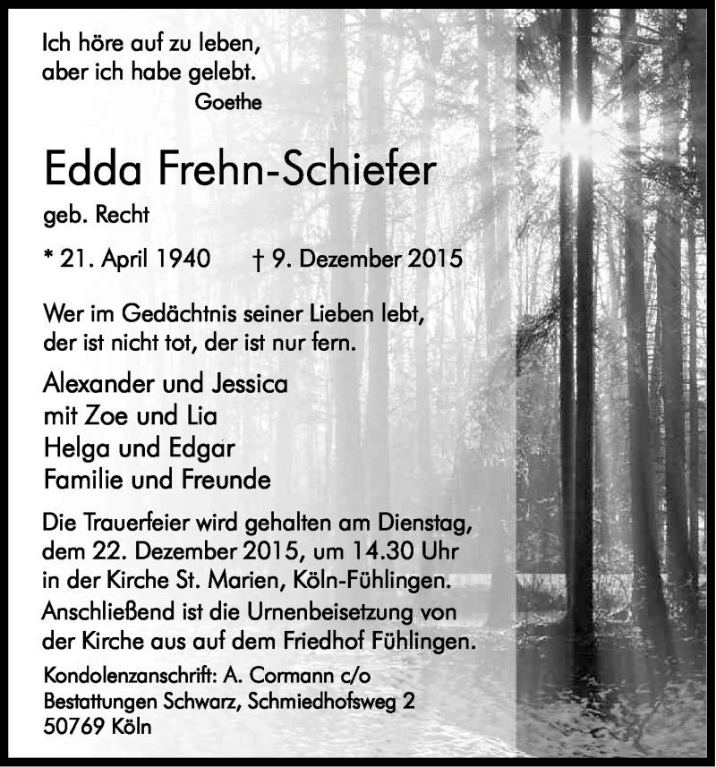  Traueranzeige für Edda Frehn-Schiefer vom 19.12.2015 aus Kölner Stadt-Anzeiger / Kölnische Rundschau / Express